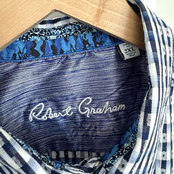 Robert Graham Blue Check Embroidered Flip Cuff Long Sleeve Classic Shirt 2XL XXL - Picture 6 of 7